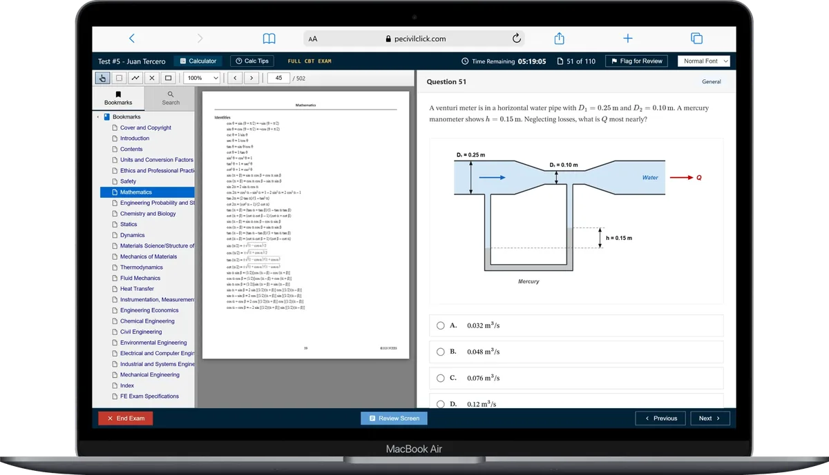 The PECivilClick CBT simulator: a fluid mechanics question with a venturi meter diagram on the right, the searchable FE Reference Handbook open on the left, 5 hours 19 minutes remaining and question 51 of 110.