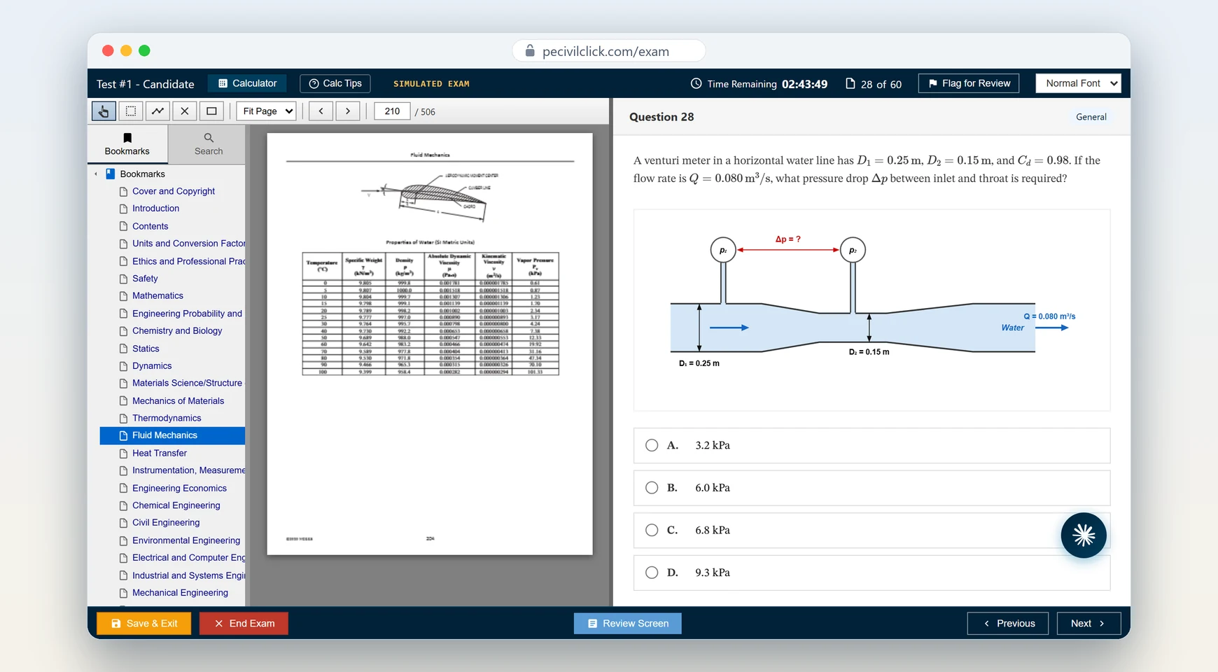 The PECivilClick exam simulator: a question with its figure on the right, the FE Reference Handbook open on the left and the countdown running.