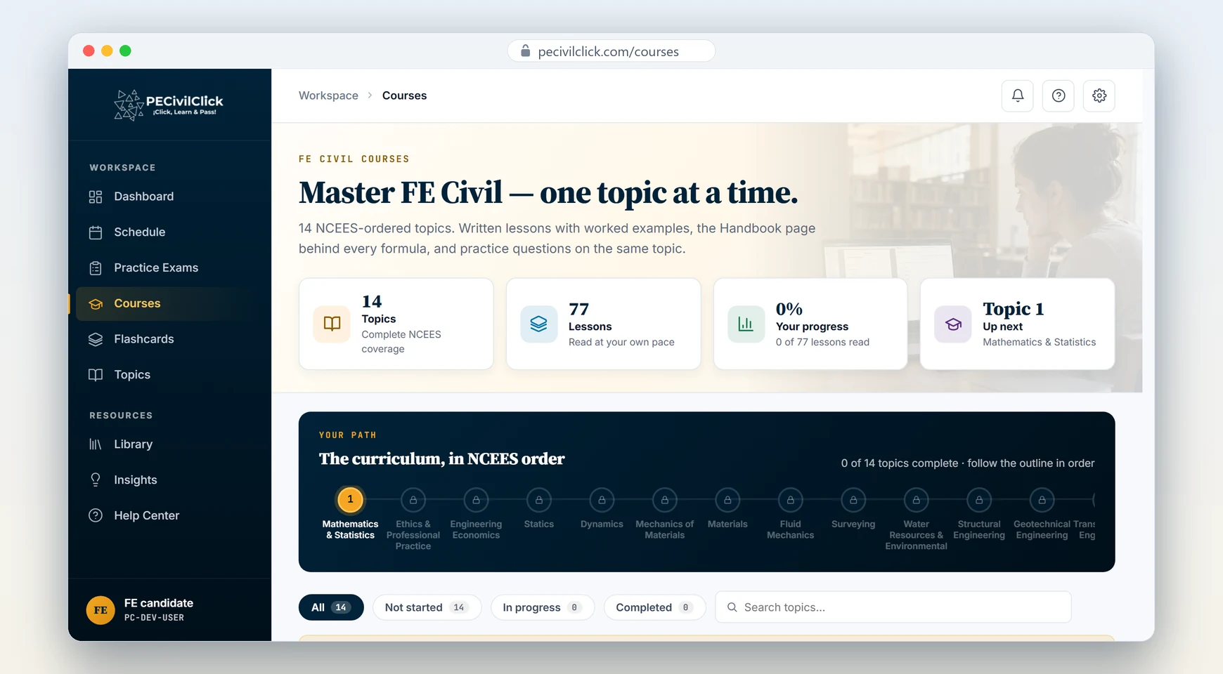 The Courses page: the FE Civil curriculum in NCEES order, one written course per exam topic.